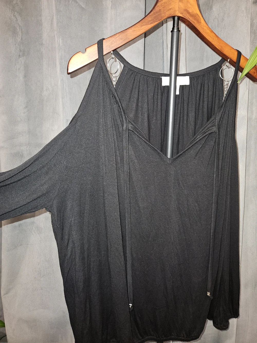 Black Cold Shoulder V-Neck Top with Chain Strap Details
